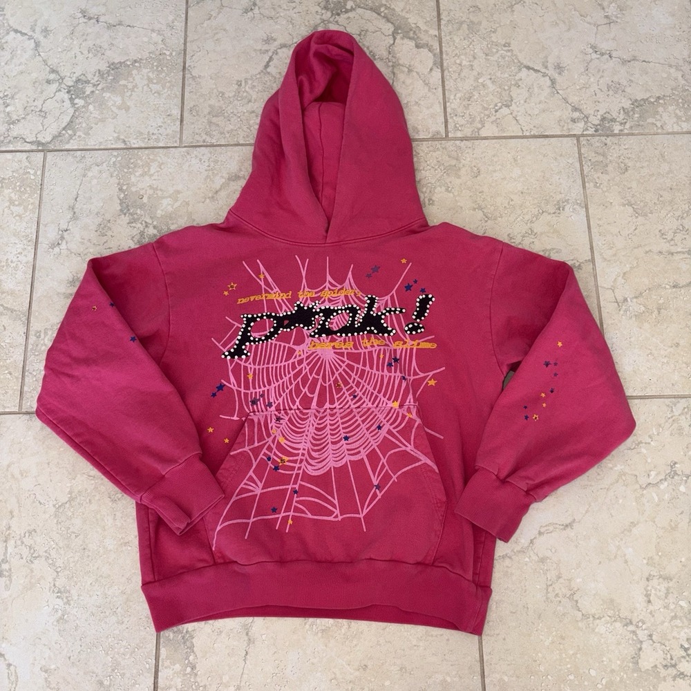 Sp5der Hoodie Medium Pink Graphic Print Cotton Pullover Sweatshirt Spots